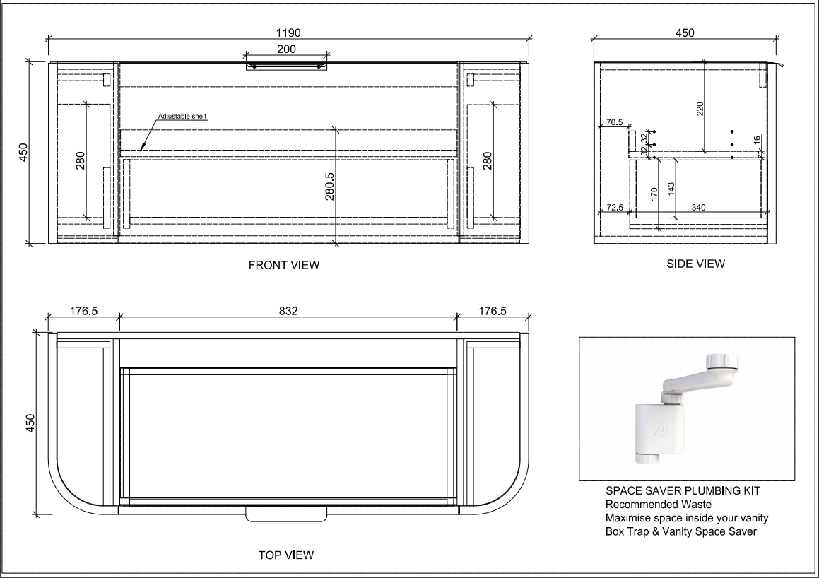 Matte Black ABS Houston Wall Hung Curved Double Bowl Vanity in All Sizes