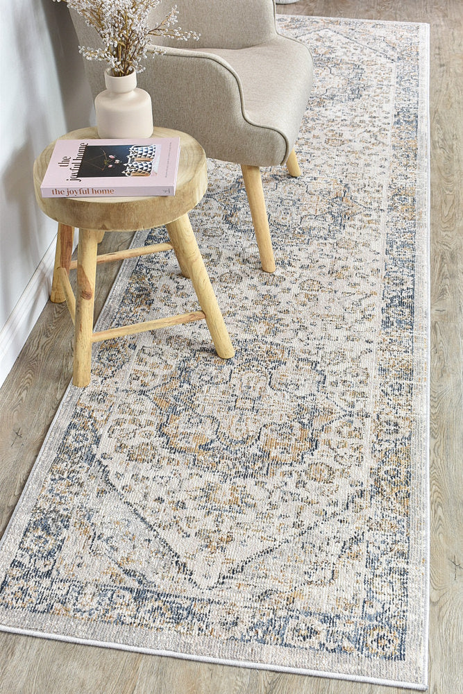 Trendy Sale! Medina Blue and Grey Floral Runner Rug with Faded Look - Size 0321B
