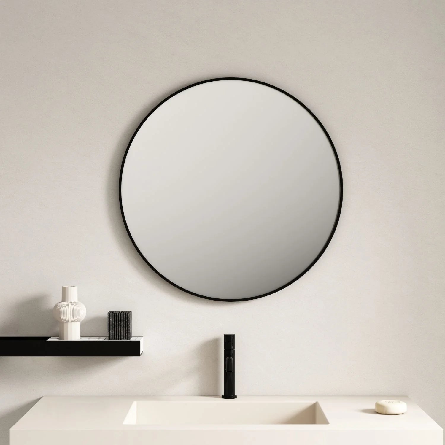 600x600mm Matte Black Mercio Round Steel Framed Mirror - Sleek & Durable