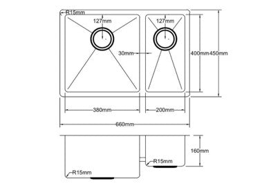 Handmade 660x450x200mm POS Double Bowl Stainless Steel Kitchen Sink
