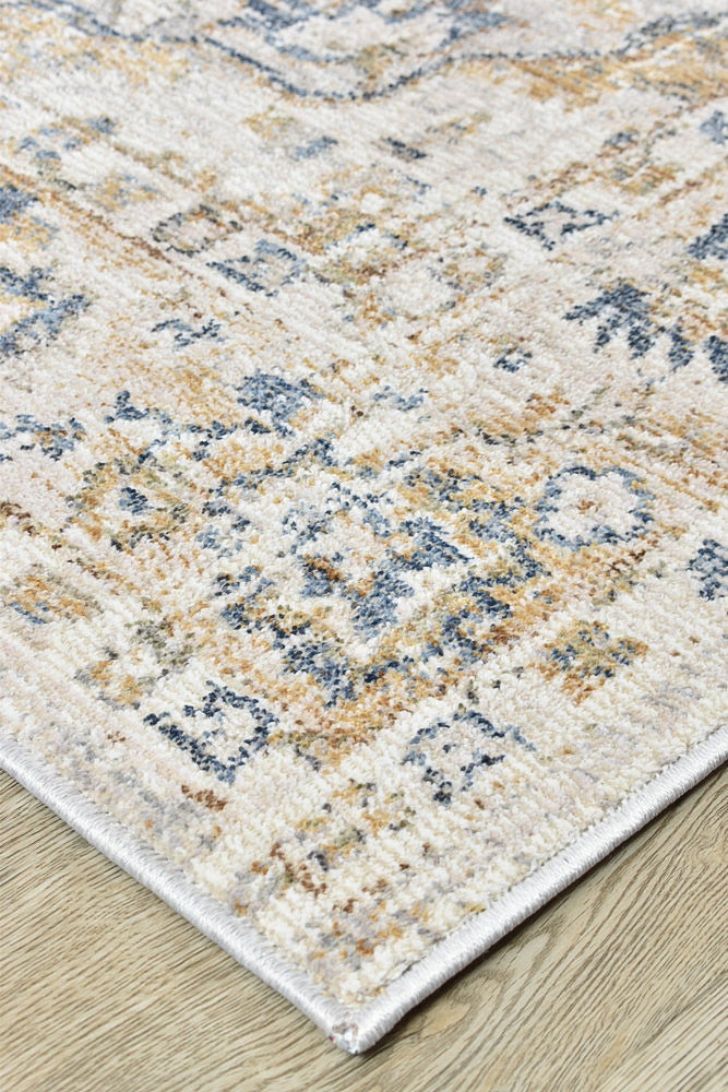 Stylish Medina Blue and Grey Floral Rug 0321B with Faded Look