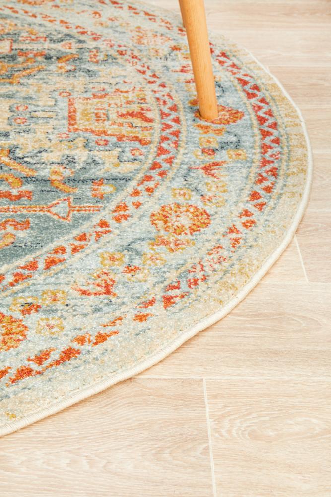 Stunning Legacy Blue Circular Polypropylene Rug with Floral Linings