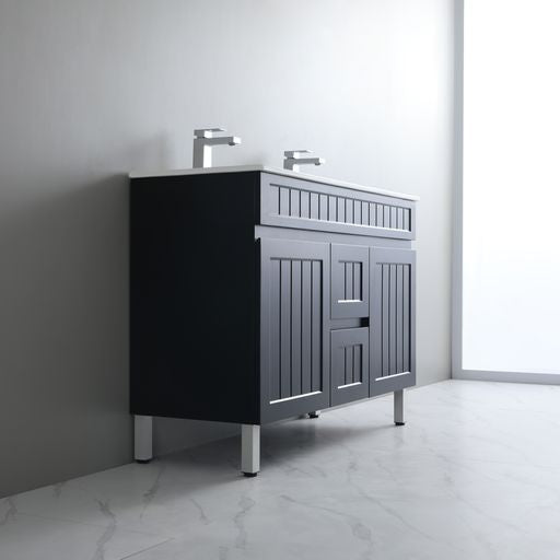 Promotional 1200mm Double Bowl Acacia Shaker PVC Floor Standing Vanity