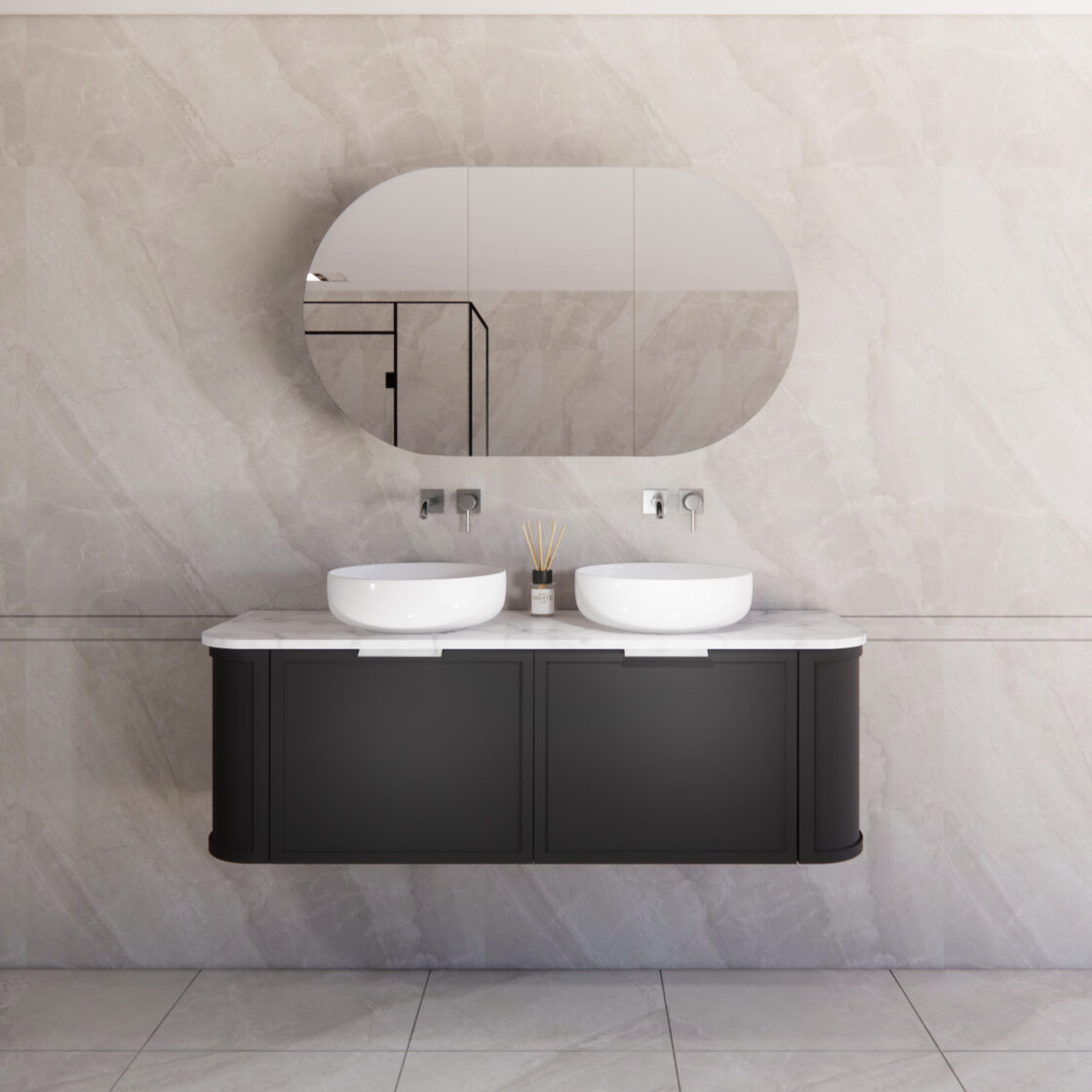 Matte Black ABS Houston Wall Hung Curved Double Bowl Vanity in All Sizes