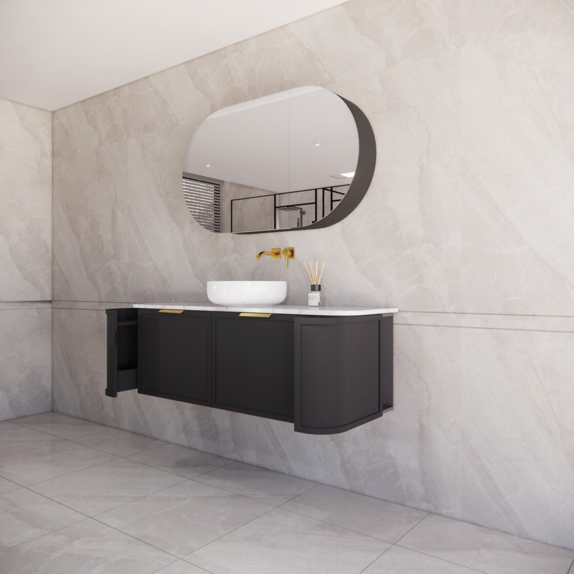 Matte Black ABS Houston Wall Hung Curved Double Bowl Vanity in All Sizes