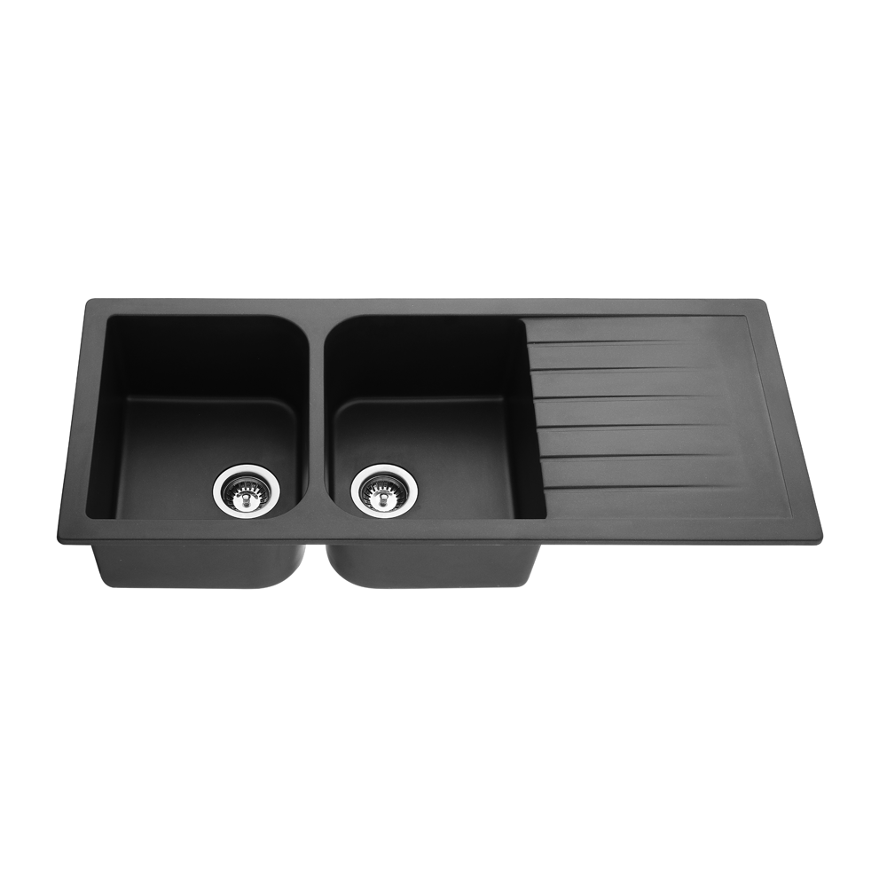 Hot Sale! Matte Black POS Quartz Top-mount Double Bowl Kitchen Sink 1160x500x225 with Drainer