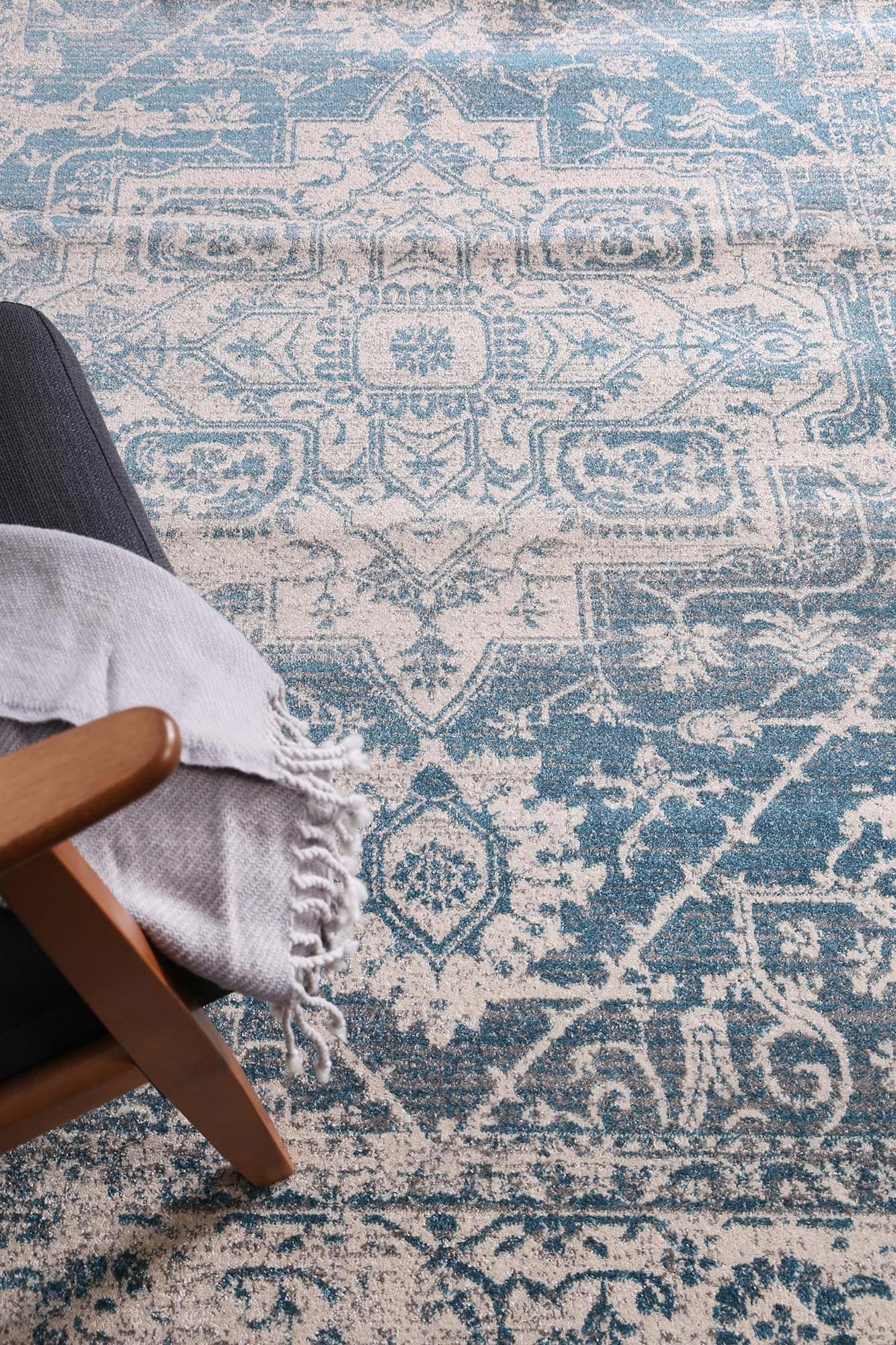 Luxurious Audrey Ivory and Blue Handmade Rug with Timeless Patterns