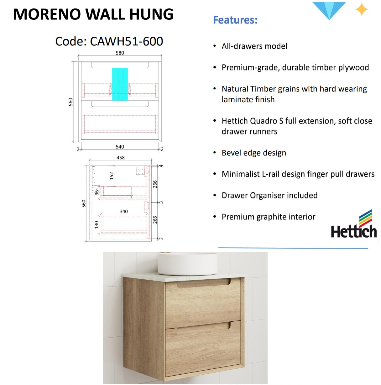 Hot Sale! Moreno Wall - Hung Bathroom Vanity in Natural Oak, Available in All Sizes