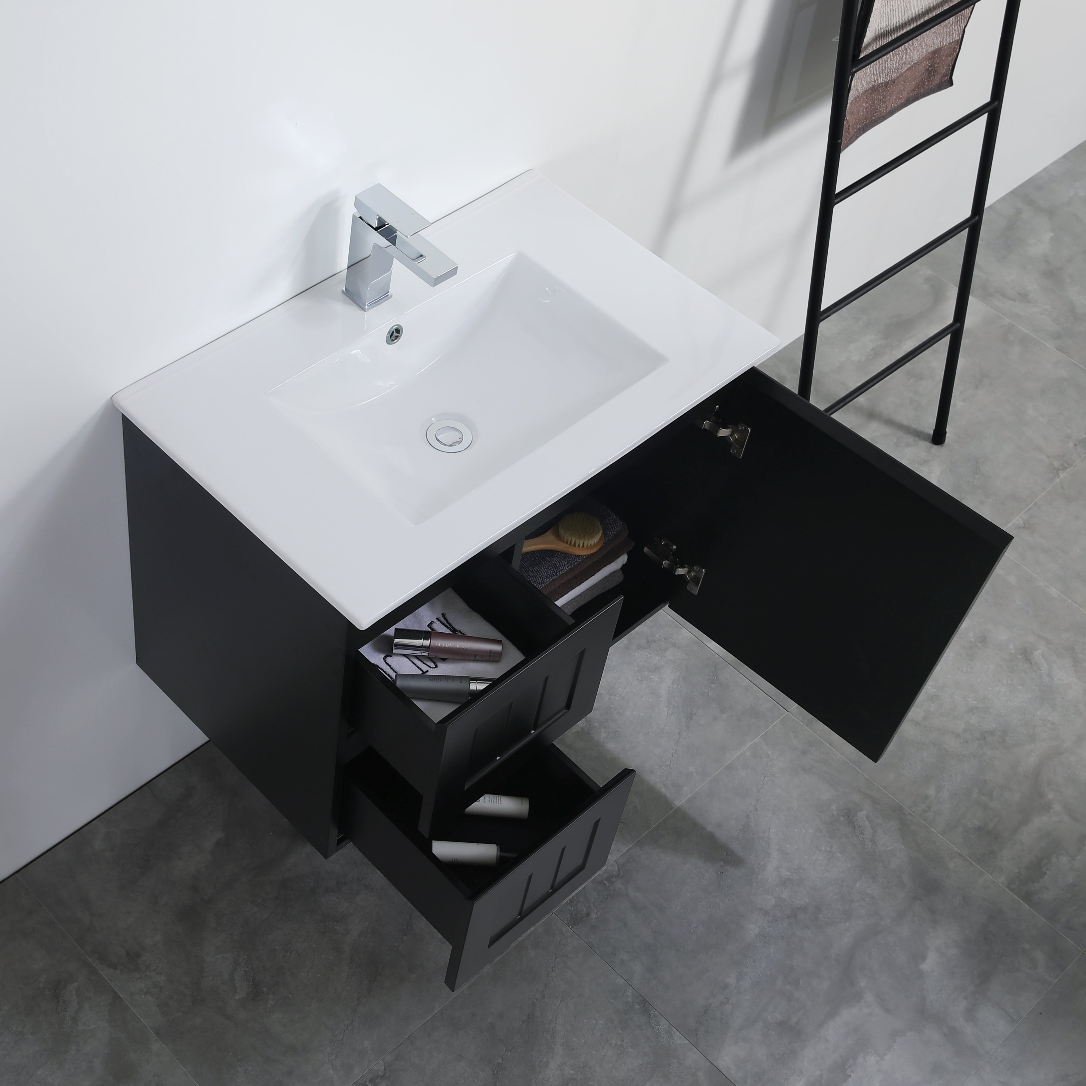 Exclusive ACACIA Shaker Wall-Hung PVC Vanity in Matte Black - 750mm Length