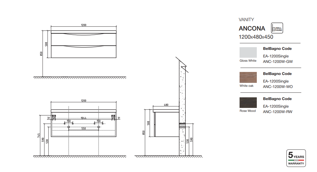 Hot Sale! ANCONA 1200mm Wall - Hung Vanity in Stunning Rose Wood