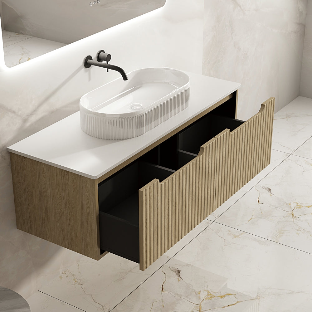 Get Stylish Fluted Rhea Wall-Hung Vanity in Natural Oak (All Sizes)