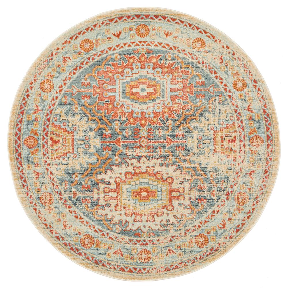 Stunning Legacy Blue Circular Polypropylene Rug with Floral Linings