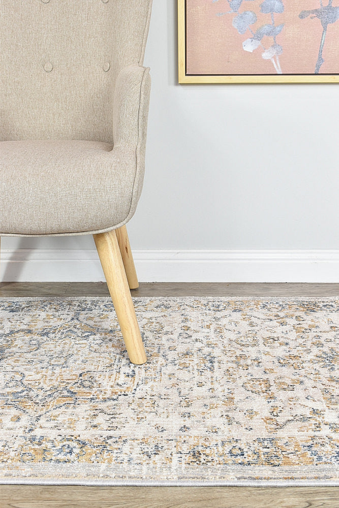 Trendy Sale! Medina Blue and Grey Floral Runner Rug with Faded Look - Size 0321B