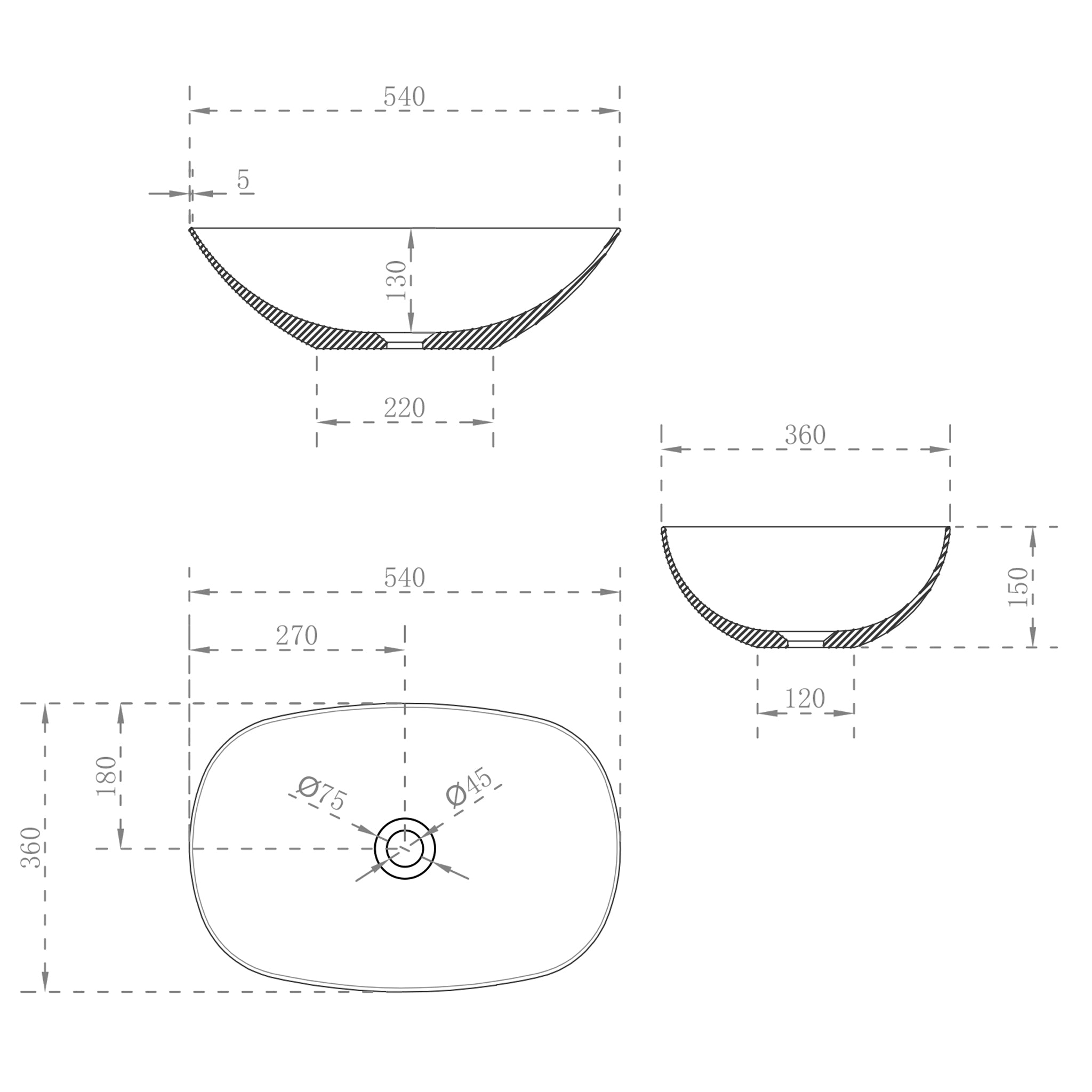 White Matte Oval POSEIDON Rolo Ceramic Basin (540x360x150)