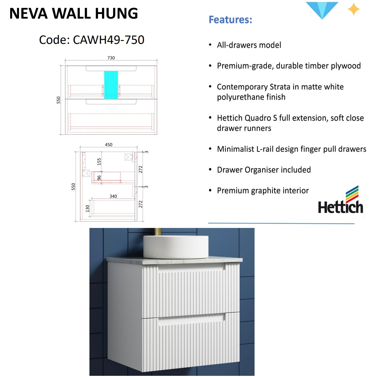 Matte White NEVA Wall - Hung Vanity Available in All Sizes