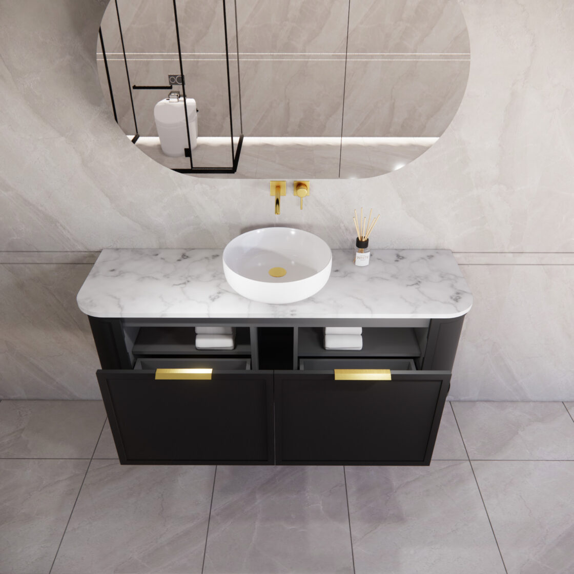 Matte Black ABS Houston Wall Hung Curved Double Bowl Vanity in All Sizes