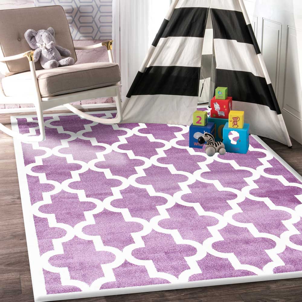 Kids Rug in Piccolo Style with Violet, Pink and White Lattice Pattern