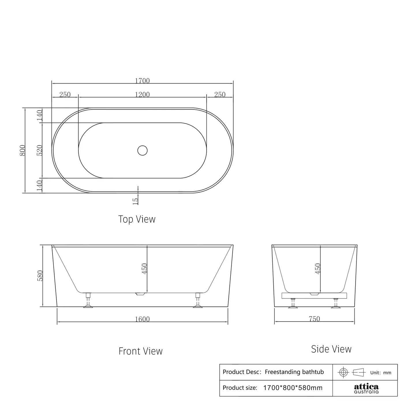 Hot Sale! NOOSA Freestanding Bathtub in 1700mm/1500mm Size for Modern Bathrooms