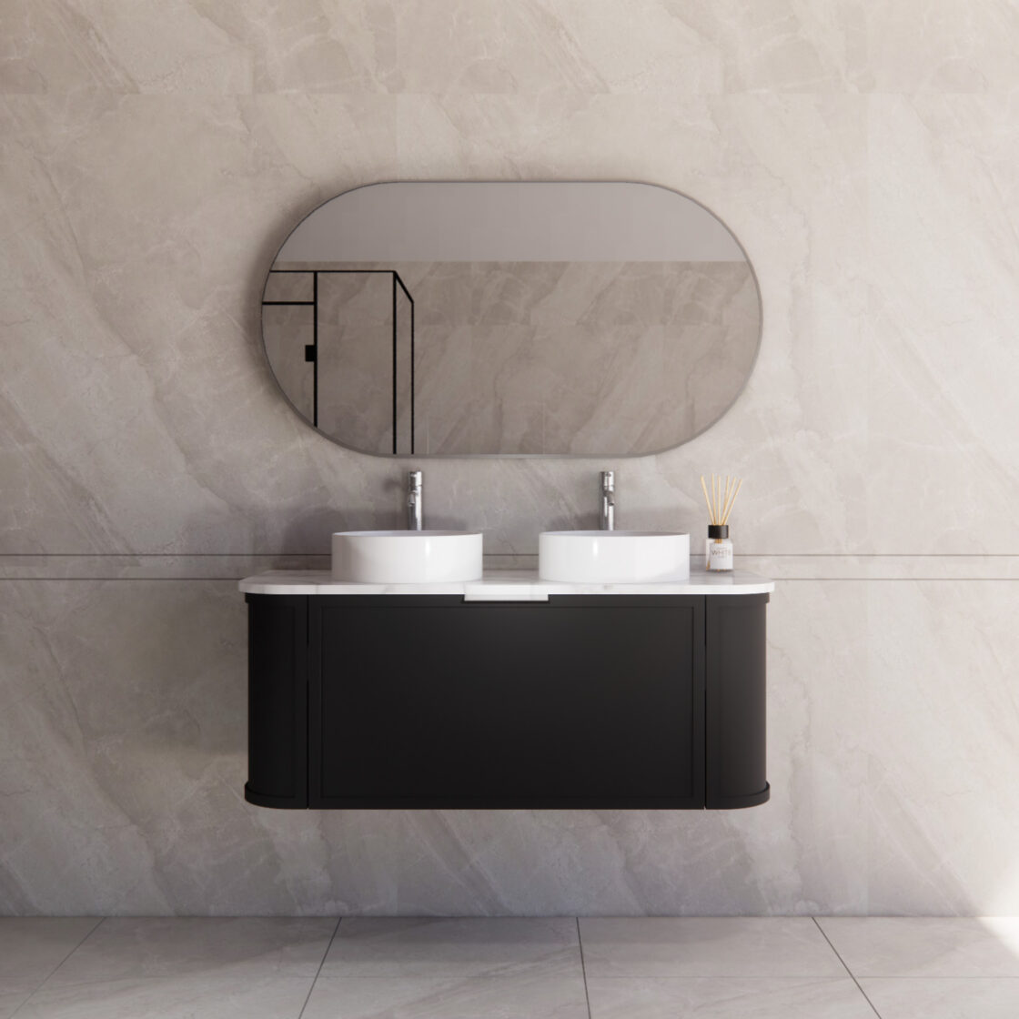 Matte Black ABS Houston Wall Hung Curved Double Bowl Vanity in All Sizes