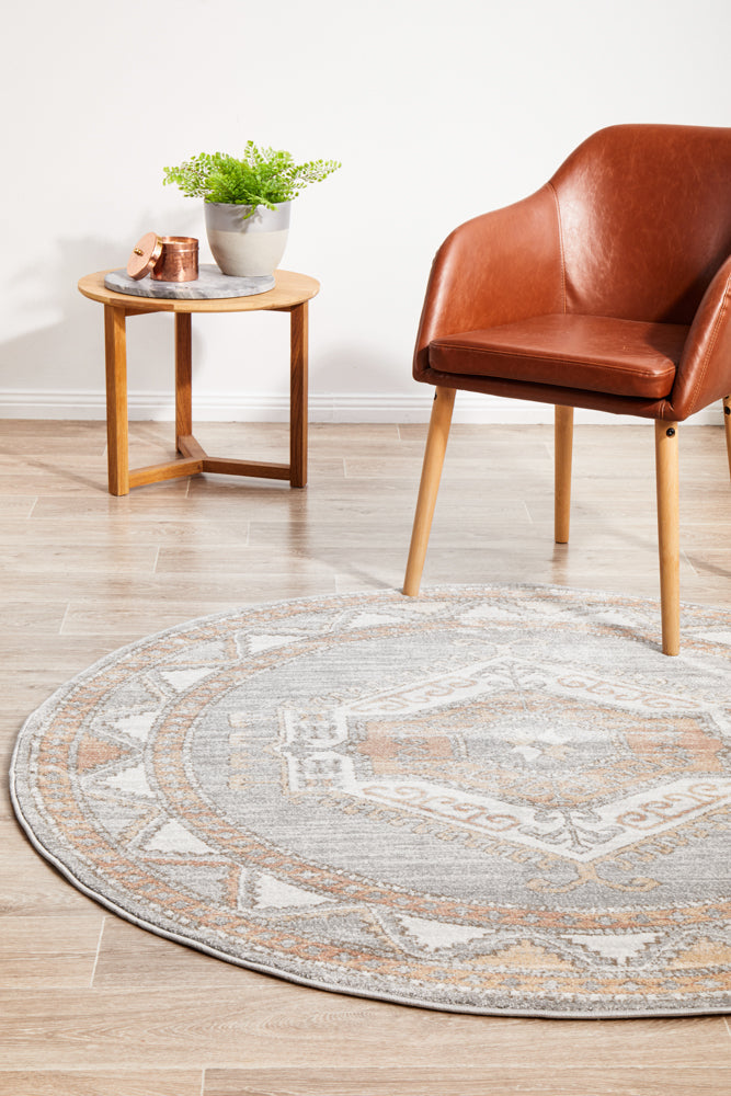 Mayfair Caitlen Round Rug in Stunning Grey with Aztec Design - Soft and Easy Care