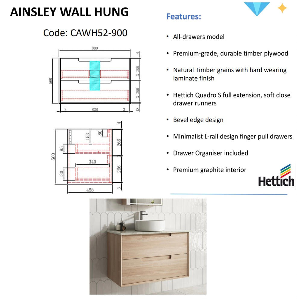 Exclusive AINSLEY Wall-Hung Bathroom Vanity in Natural Oak, Available in All Sizes