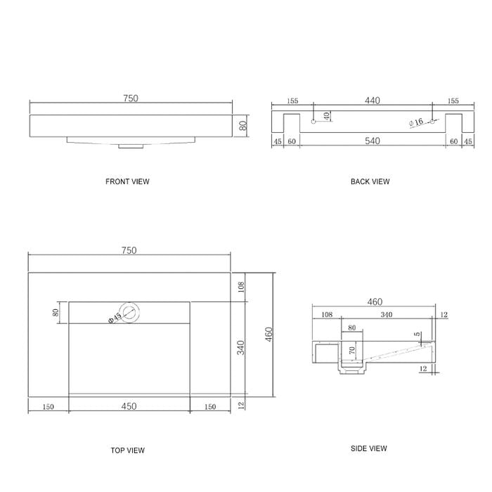 750X460mm Moonlight Rectangle Solid Surface Wall - Hung Basin with Optional Mixer & Bottle Trap