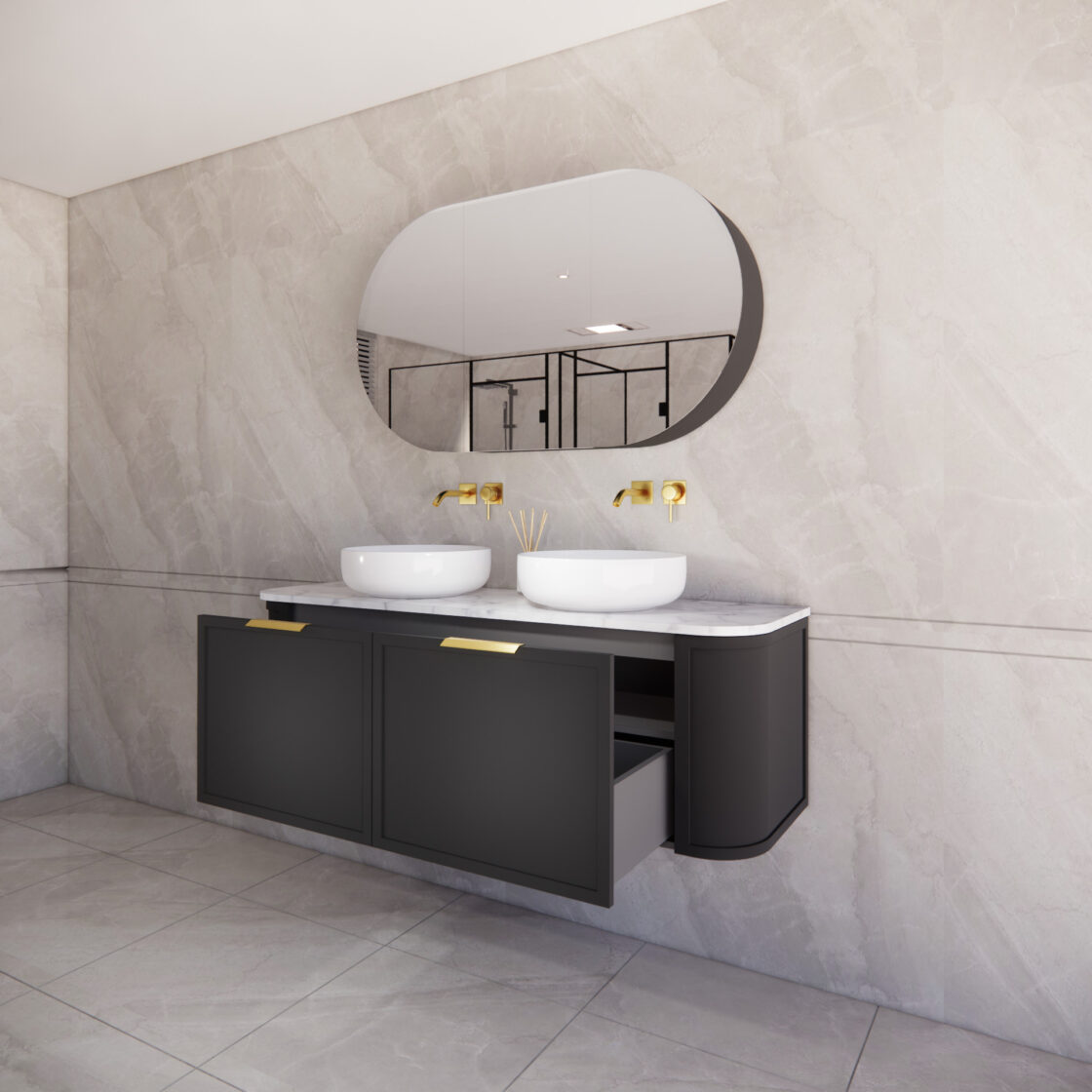 Matte Black ABS Houston Wall Hung Curved Double Bowl Vanity in All Sizes