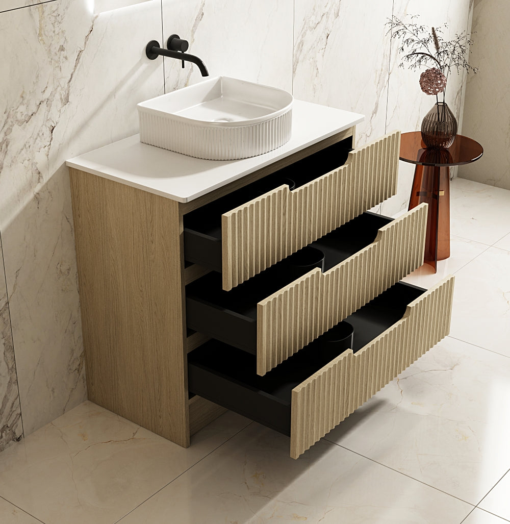 All-Size Natural Oak Fluted Rhea Floor Standing Bathroom Vanity