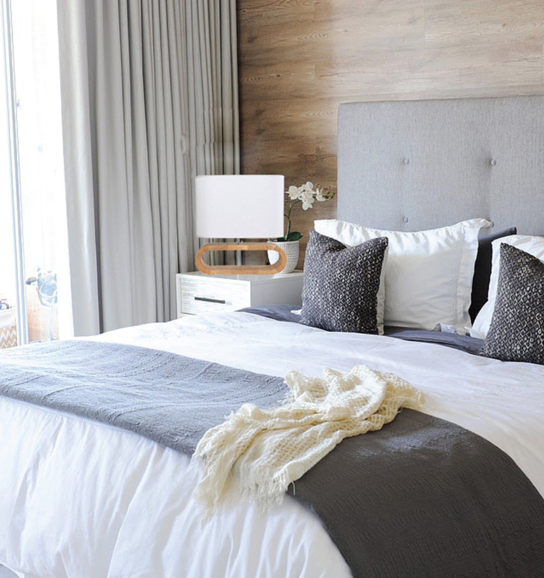 Blonde and Dark Wood Cloth Shade Interior Table Lamps