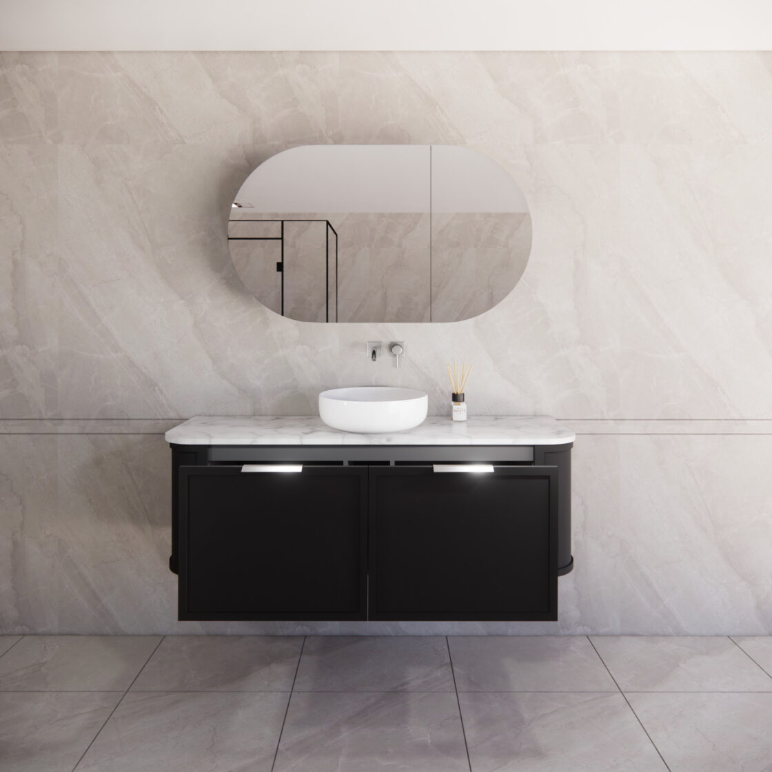 Matte Black ABS Houston Wall Hung Curved Double Bowl Vanity in All Sizes