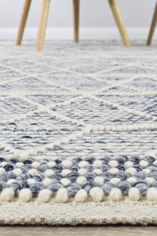 Albona Blue-White Blend Wool and Viscose Hand-Woven Rug