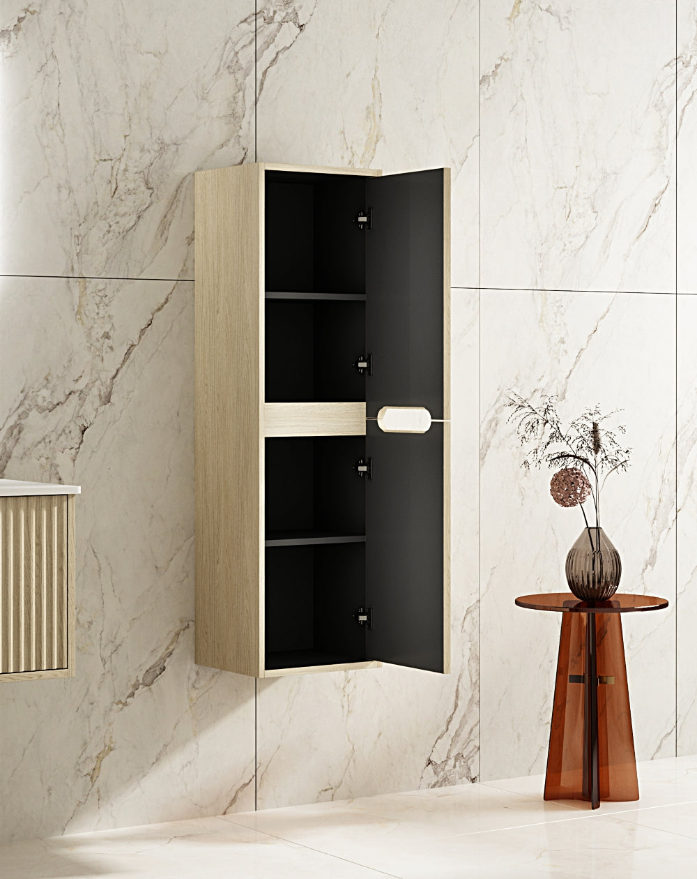 Upgrade Your Bathroom! Natural Oak Fluted Rhea Tall Boy Bathroom Cabinet