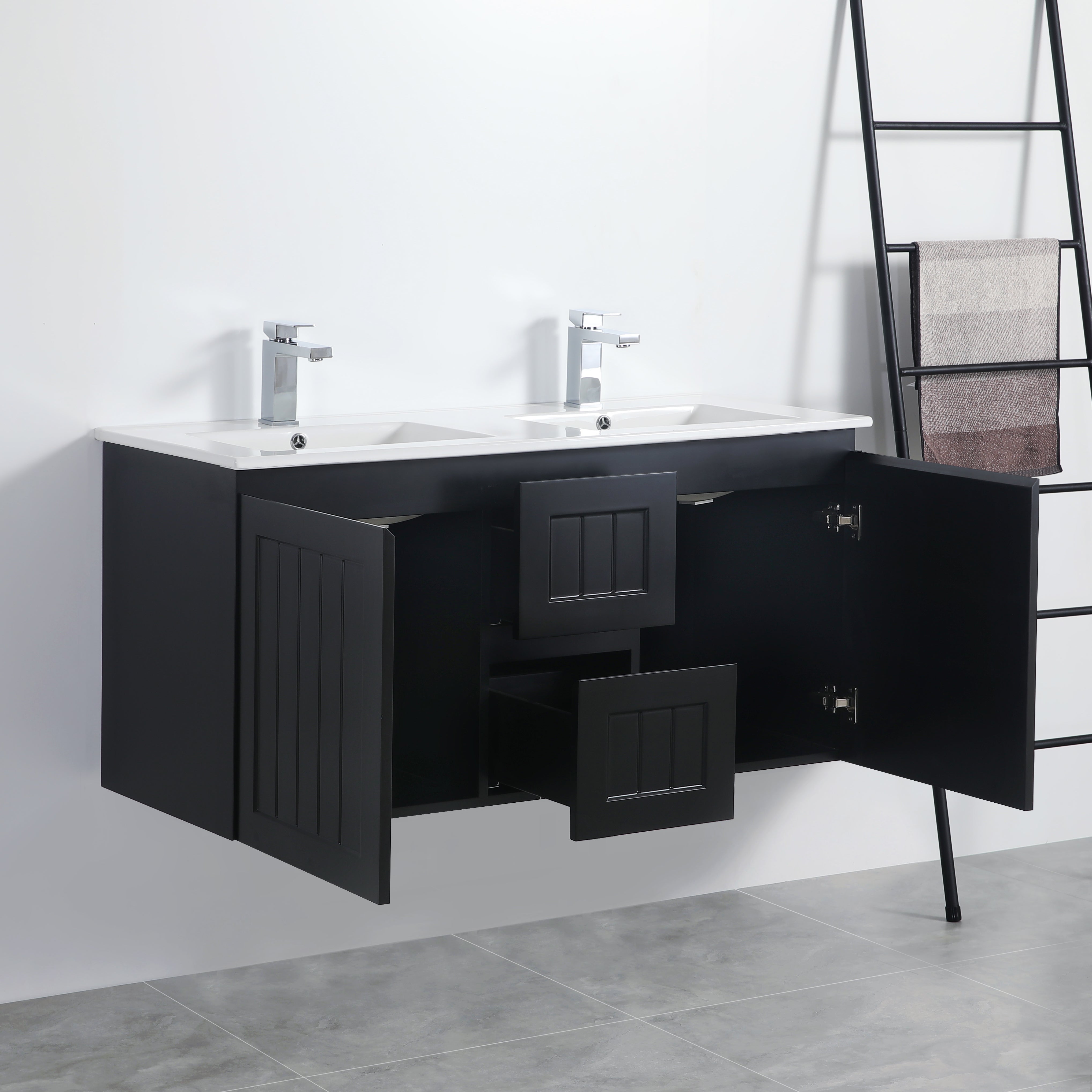 ACACIA Shaker Wall-Hung PVC Vanity - Double Bowl, 1200mm in Matte Black (On Sale!)