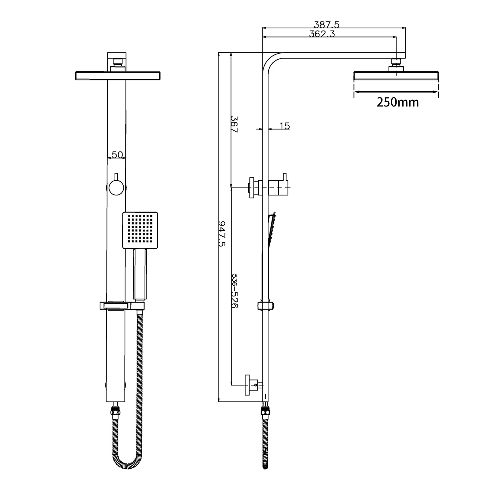 AQU Chrome 10 Square Wide Rail Shower Station with 3-Function Handheld - Must - Have for Your Bathroom