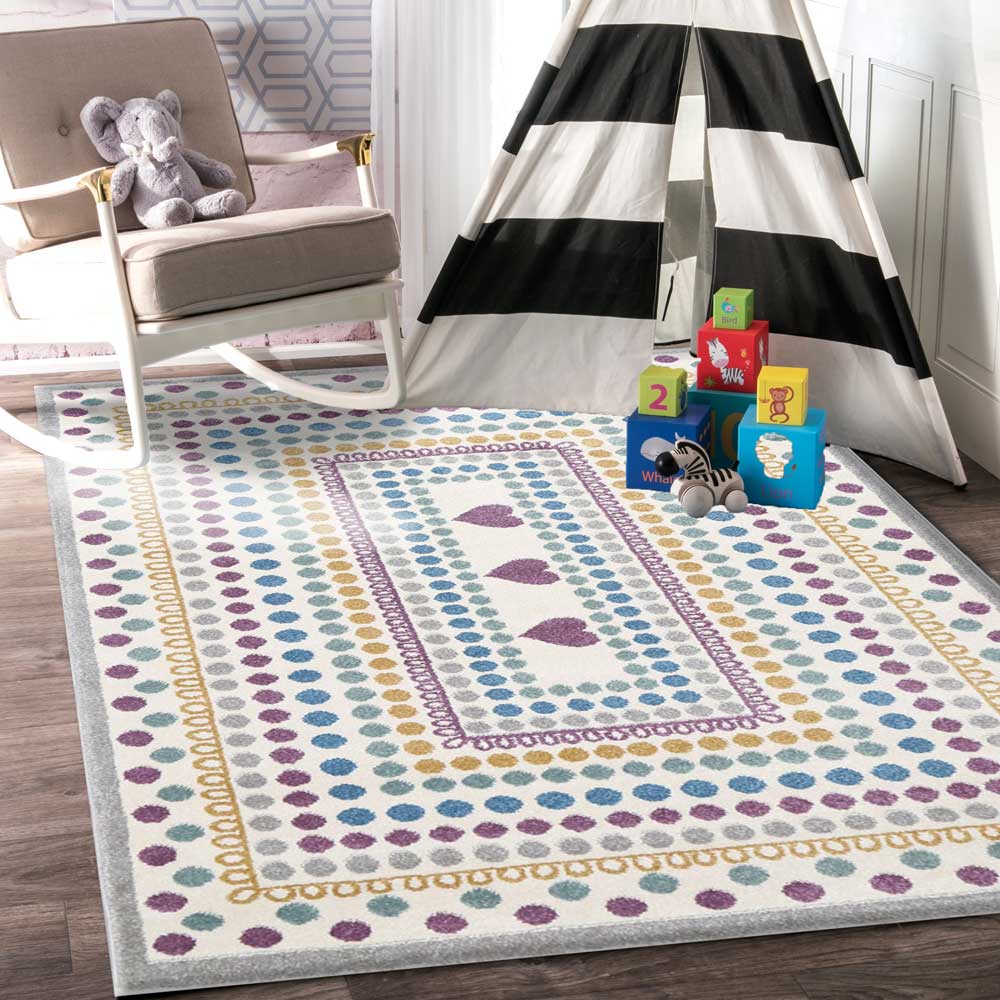 Piccolo Kids Rug in Multi - Colour and Pink Polka Dot Love Heart Design