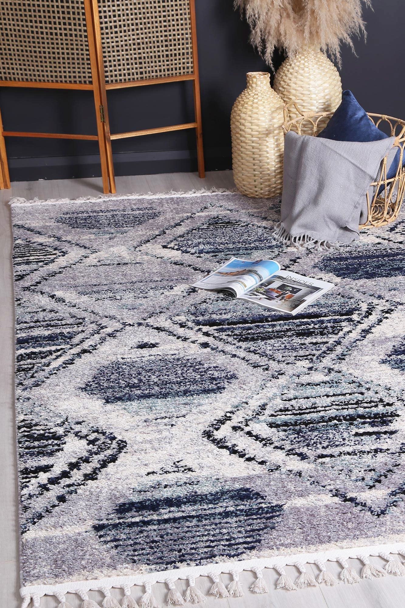 Stylish Navy Blue Geometric Diamond Rug from Myk Collection