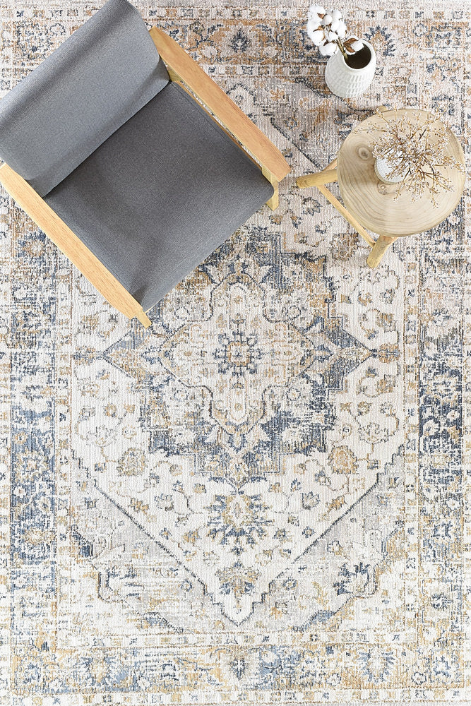 Stylish Medina Blue and Grey Floral Rug 0321B with Faded Look