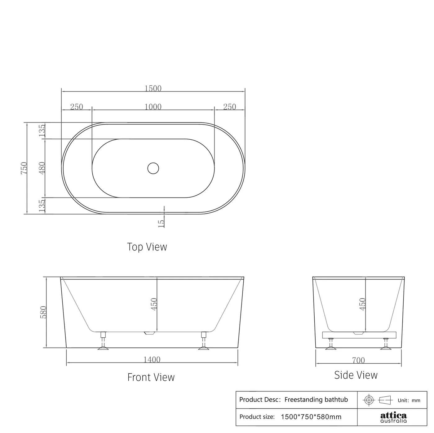Hot Sale! NOOSA Freestanding Bathtub in 1700mm/1500mm Size for Modern Bathrooms