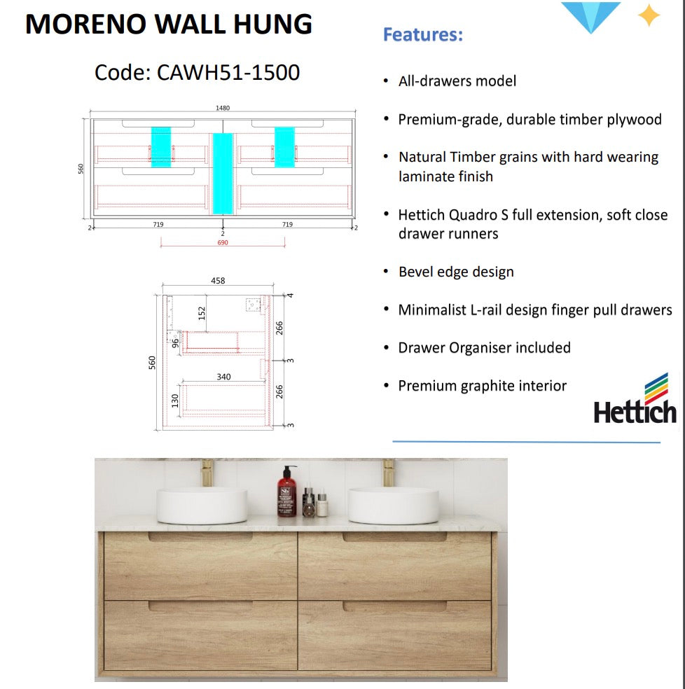 Hot Sale! Moreno Wall - Hung Bathroom Vanity in Natural Oak, Available in All Sizes