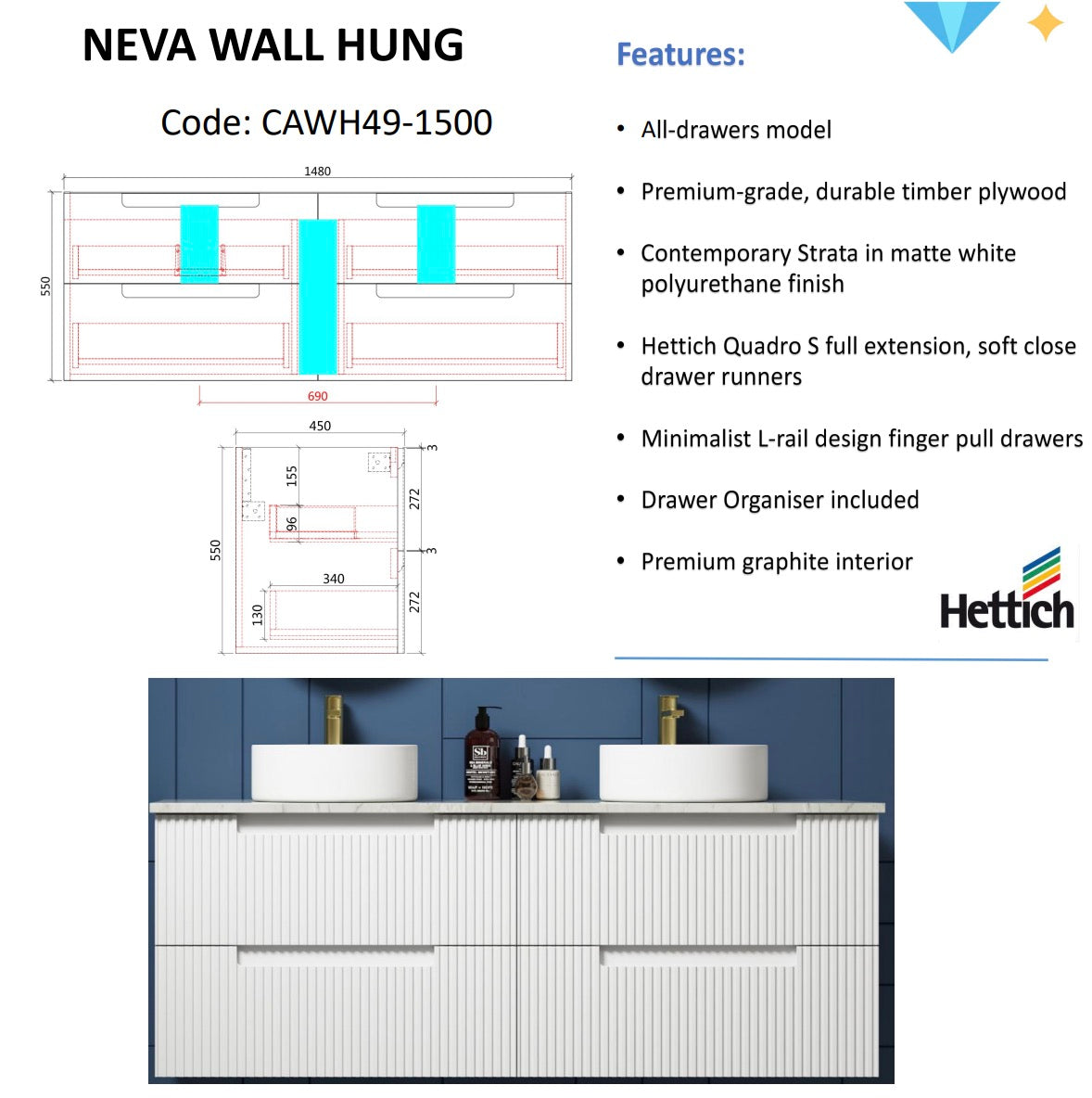 Matte White NEVA Wall - Hung Vanity Available in All Sizes