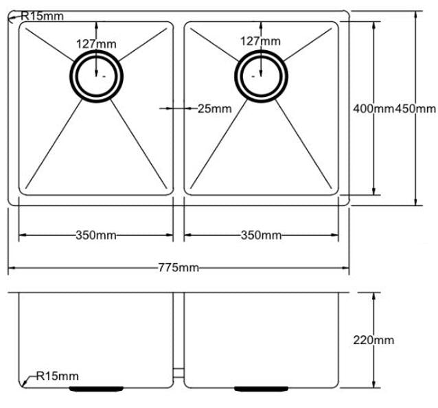 775x450x200mm Handmade Double Bowl POS Stainless Steel Kitchen Sink