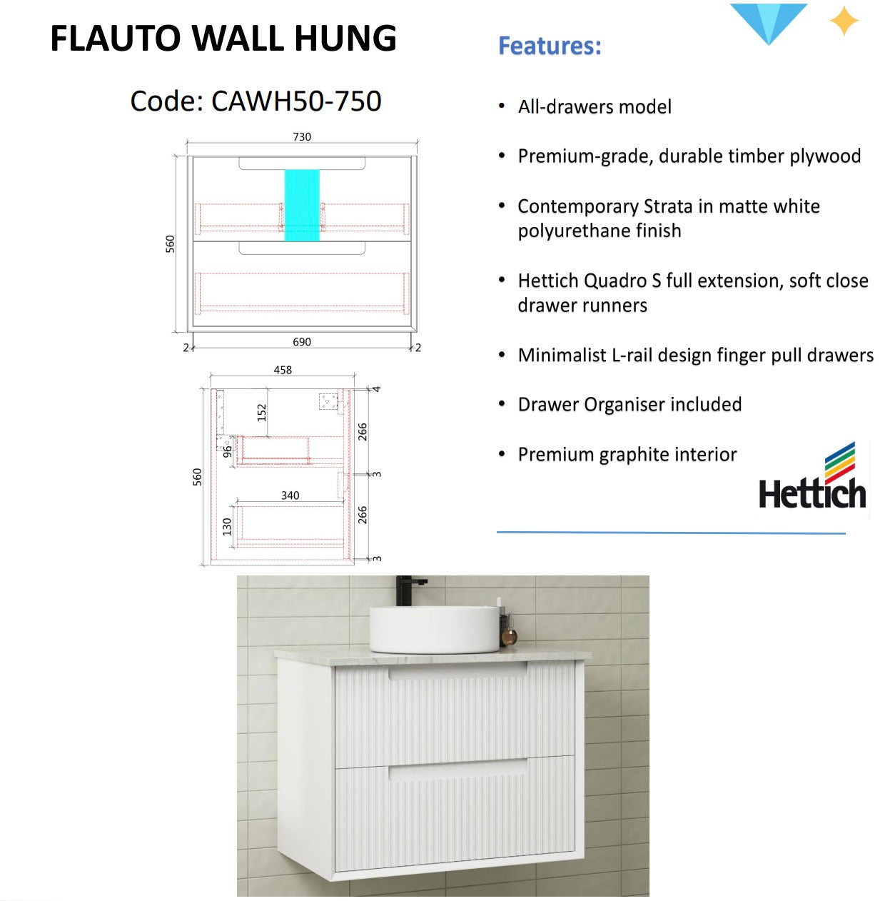 Get Your FLAUTO Matte White Wall-Mounted Bathroom Vanity in All Sizes Now!