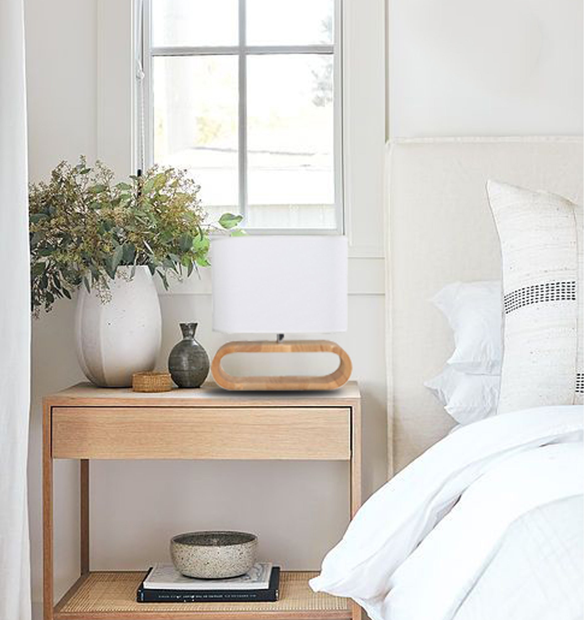 Blonde and Dark Wood Cloth Shade Interior Table Lamps