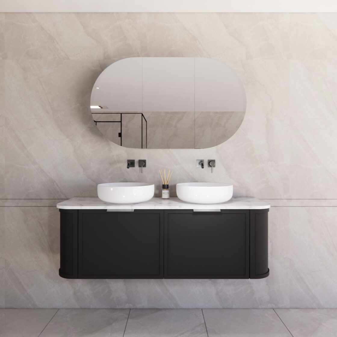 Matte Black ABS Houston Wall Hung Curved Double Bowl Vanity in All Sizes