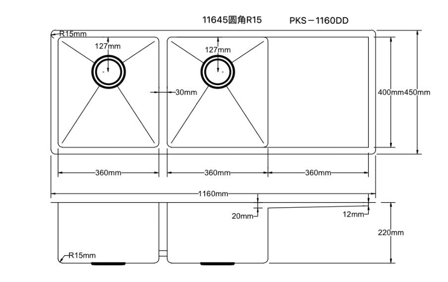 Discount! Handmade 304 Stainless Steel Double Bowl POS Kitchen Sink 1160x450x200mm