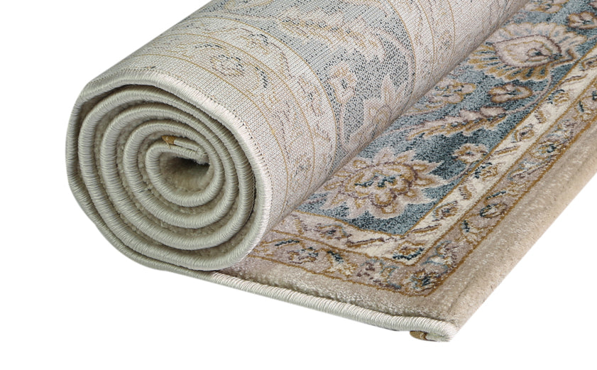 Beige and Blue Bordered Vintage-Style Oregon Area Rug