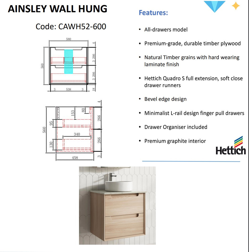 Exclusive AINSLEY Wall-Hung Bathroom Vanity in Natural Oak, Available in All Sizes