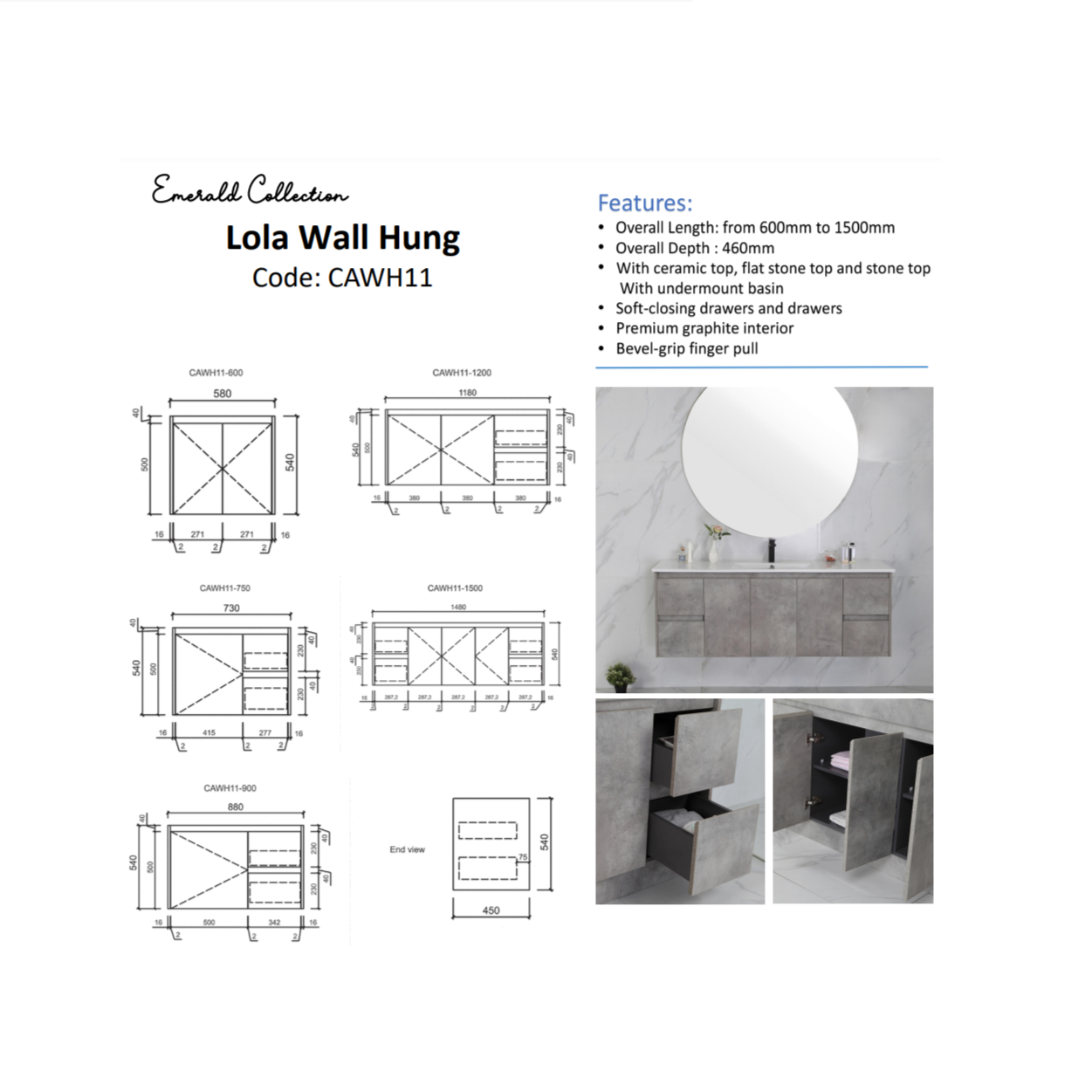 LOLA Grey Wall Hung Vanity - All Sizes Available