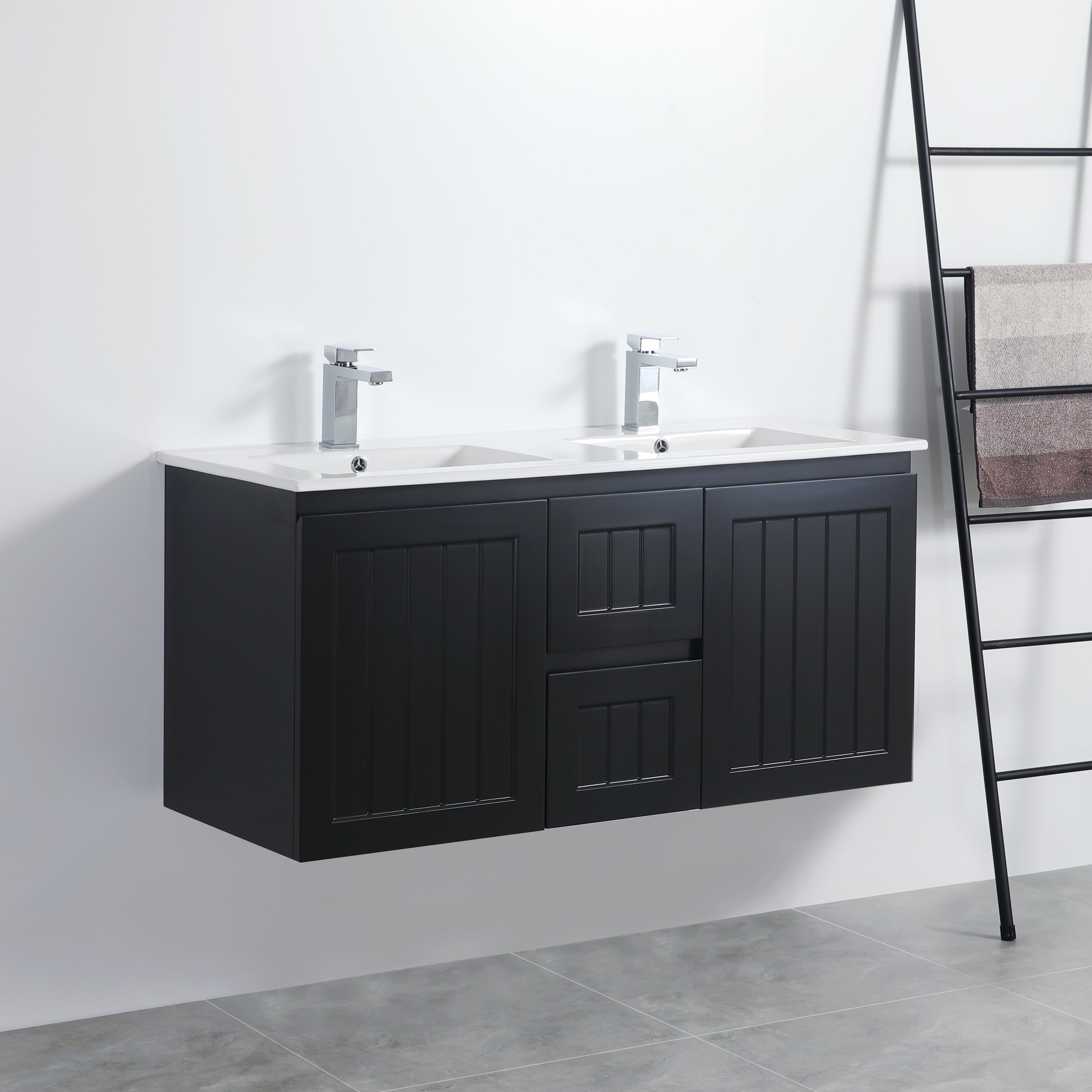 ACACIA Shaker Wall-Hung PVC Vanity - Double Bowl, 1200mm in Matte Black (On Sale!)