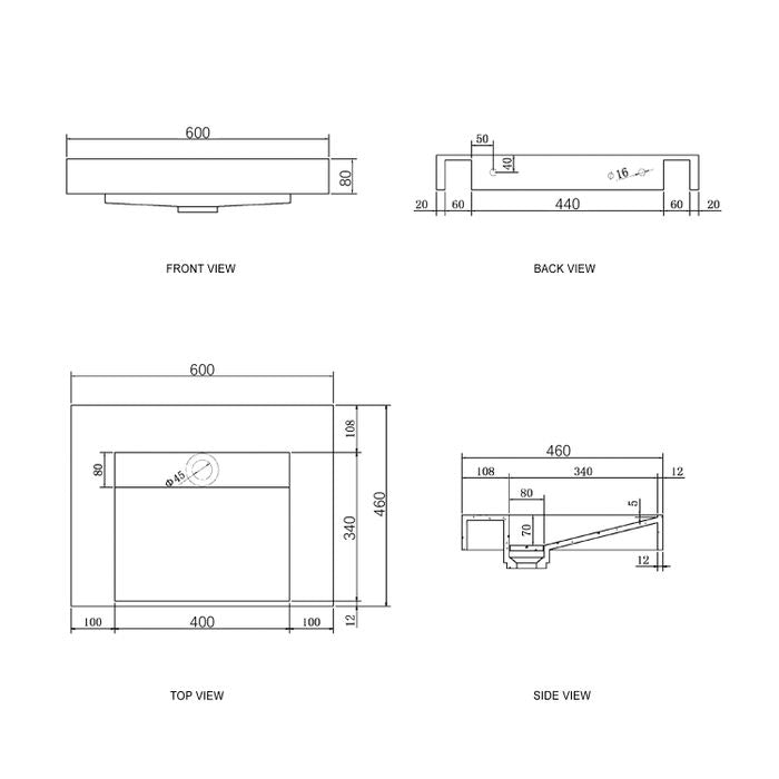 Rectangle Moonlight Solid Surface Basin with Optional Mixer and Bottle Trap (600x460x80)